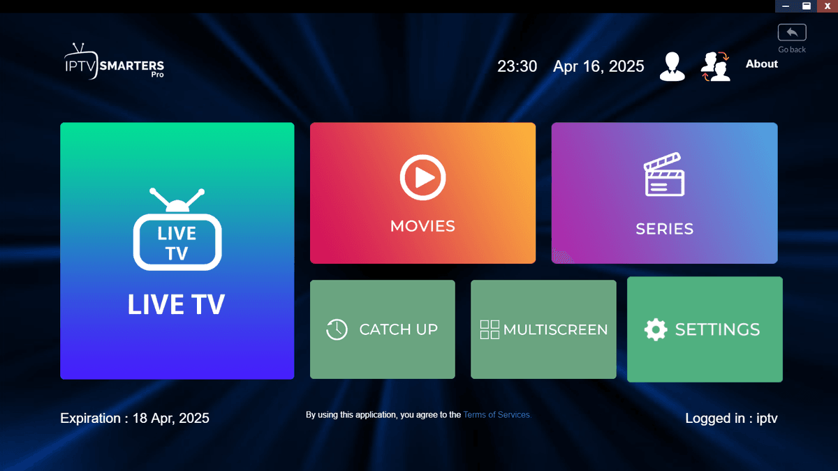 Interface de l'application IPTV après chargement